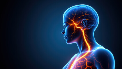A medical illustration showing a person with a highlighted Vagus Nerve Stimulation (VNS) system in place.