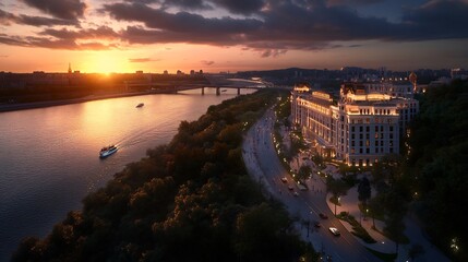 Naklejka premium Luxury Hotel at Sunset Overlooking the River