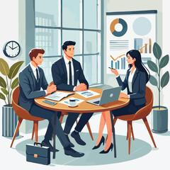 partners meeting for business discussion with documents and laptop on desk.couple at round table ,speaking ,discussing work,partnership.flat vector illustration isolated on a white background