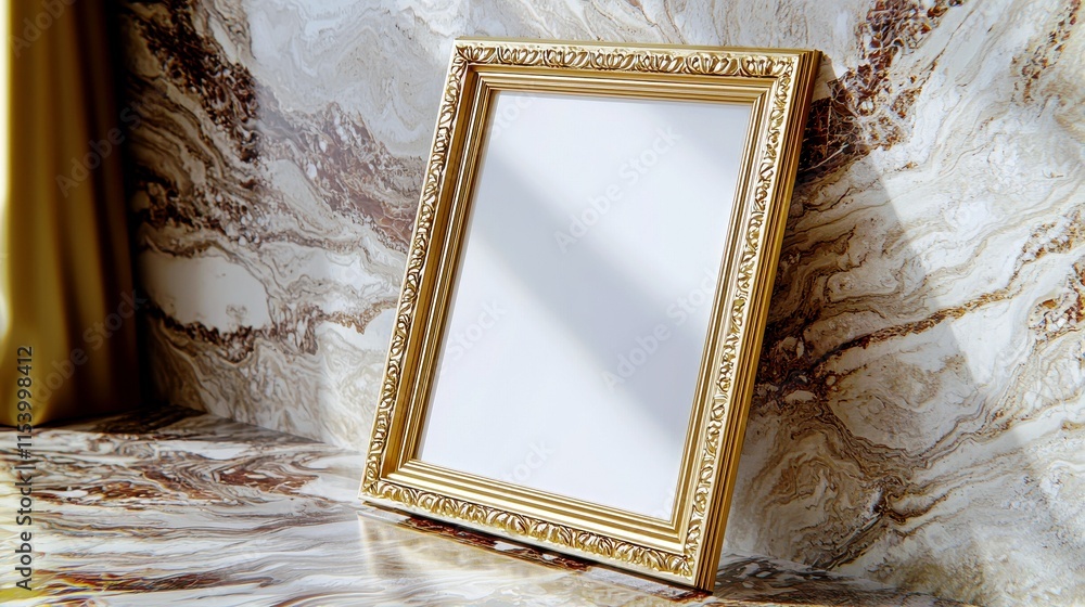 Aufkleber elegant gold framed empty picture frame on a luxurious marble background with soft lighting casting 