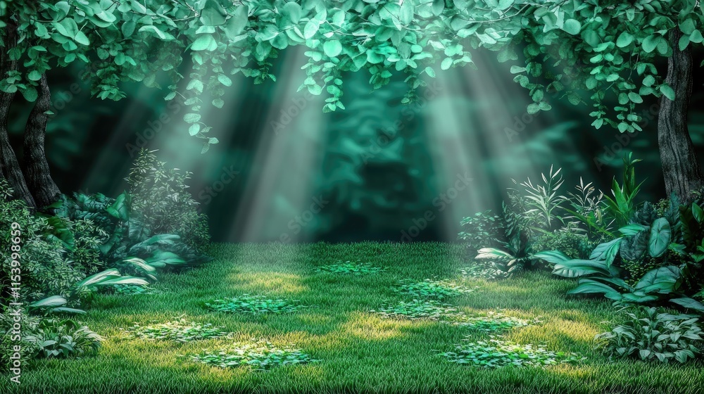 Poster a serene forest scene with sunlight filtering through leaves, creating a tranquil atmosphere.