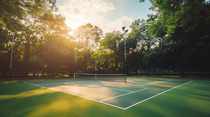 A well-maintained badminton court in a park, Shuttlecocks and racquets in place, Sporty yet relaxed style