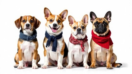 Fototapeta premium Charming dogs of different breeds (beagle, corgi, French bulldog) with warm scarves on their necks on a white background. Place for text. The concept of caring for animals during the cold season