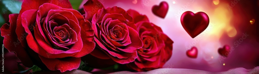 Poster beautiful red roses with soft pink background and floating hearts creating romantic atmosphere for l