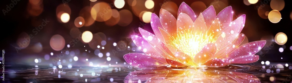 Poster beautiful water lily blooms in a serene pond with glowing bokeh lights in background creating a magi