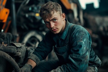 Young mechanic intensely focused on repairing machinery in a gritty workshop environment