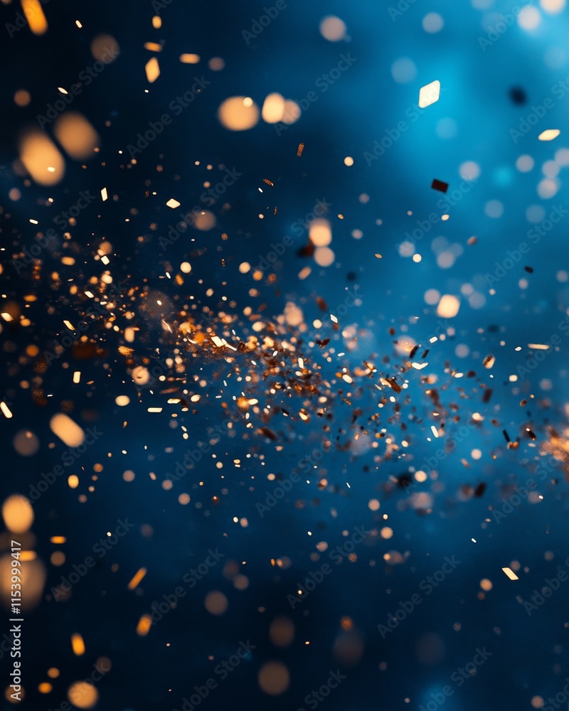 Poster golden particles scatter through a vibrant blue background, creating a dynamic and mesmerizing visua