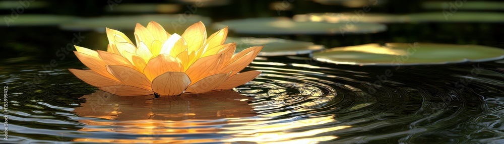 Poster serene water lily blossom illuminated by soft light in tranquil pond setting with gentle ripples and
