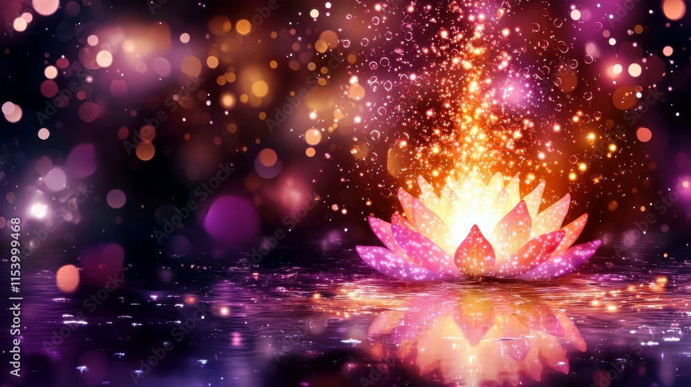 Poster sparkling lotus flower with colorful bokeh background and magical light effects in a serene reflecte