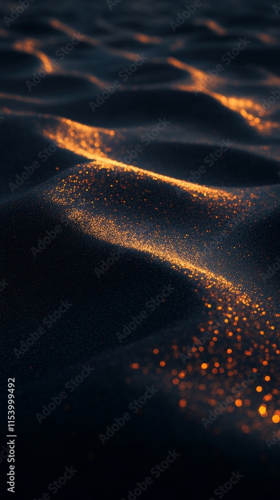 Poster glowing particles shimmer on dark surface creating a mesmerizing landscape of light and texture duri