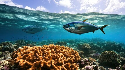 Raising Awareness About Tuna's Role in Marine Ecosystems with a closeup of vibrant coral reefs beneath a school of tuna swimming in clear blue water