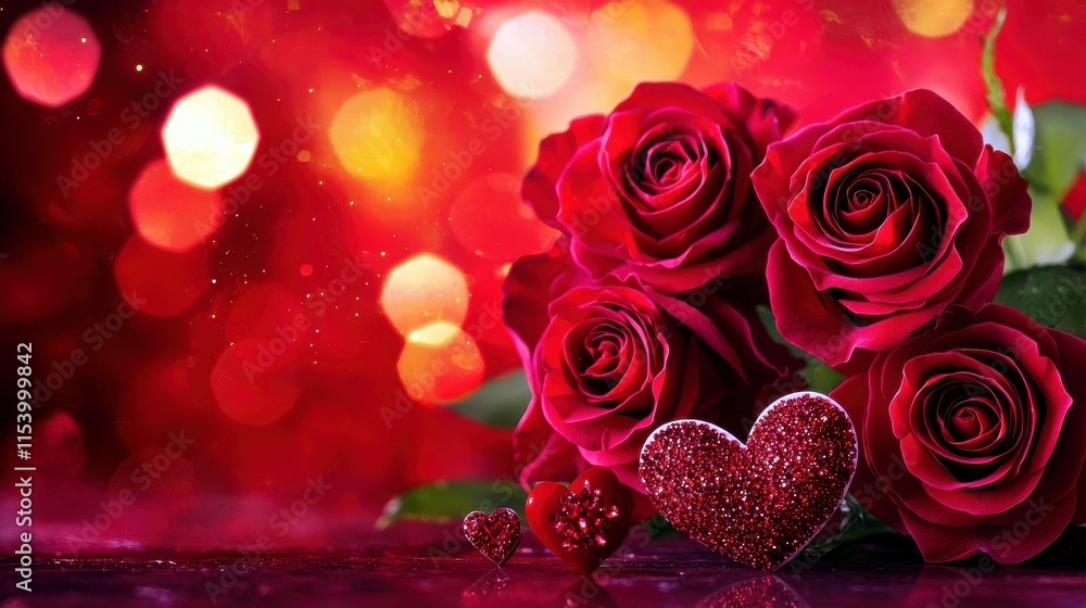 Poster romantic red roses with sparkling hearts on a vibrant background filled with soft bokeh lights, perf