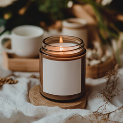 Amber glass candle jar mockup, cylindrical amber candle with blank label, candle burning, cozy sunny bright home interior decor, candle mockups