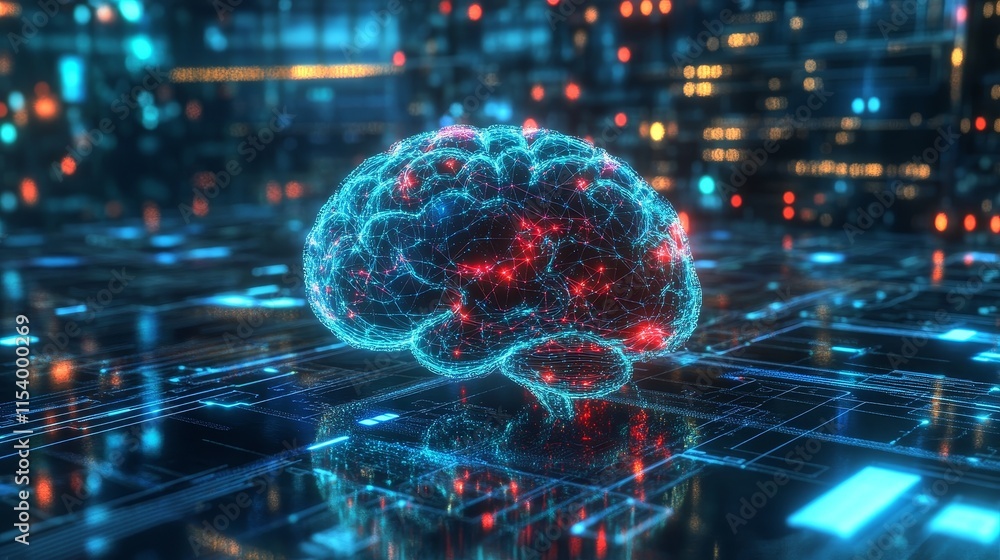 Aufkleber Representation of a Digital Brain Illuminated in Neon Colors With a Futuristic City Backdrop Highlighting Technology and Artificial Intelligence Concepts