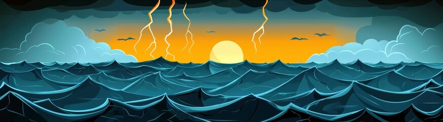 Dramatic Seascape with Stormy Clouds, Lightning Strikes, and Vibrant Sunset Over Roiling Waves in a Colorful Ocean Illustration