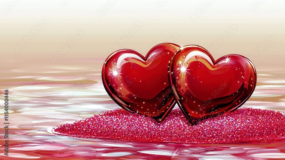 Poster two gleaming red hearts resting on shimmering pink glittery surface with soft blurred background ide