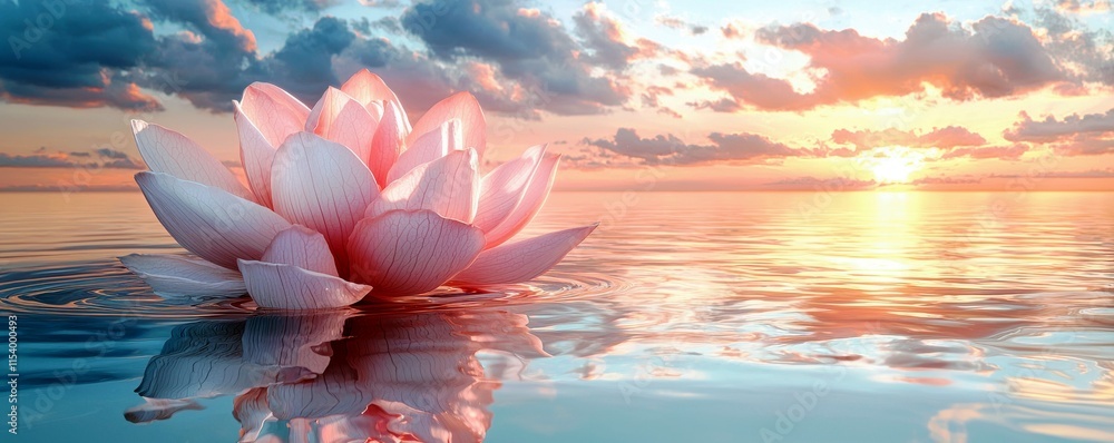 Poster serene pink lotus blooming on calm water at sunset with colorful reflections and soft clouds in the 