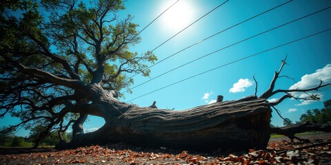Naklejka premium Fallen giant tree trunk under a bright sun, surrounded by fallen leaves and power lines
