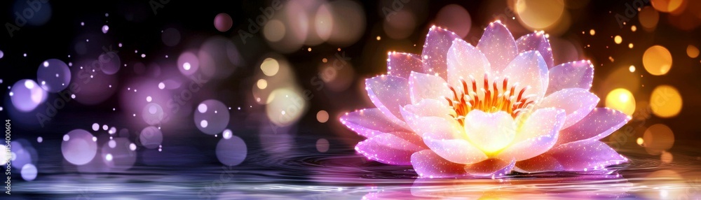 Poster serene water lily blossom with soft glows and sparkling reflections on calm water surface in a tranq