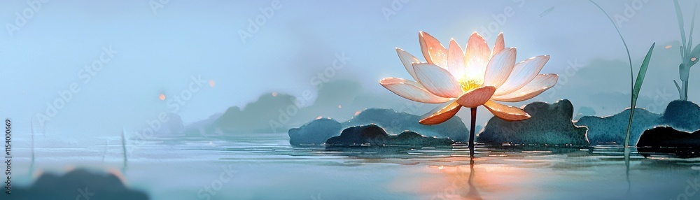 Poster serene water lily illuminated by soft light in a calm pond surrounded by gentle ripples and misty at