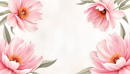 Pink flowers watercolor frame on white background