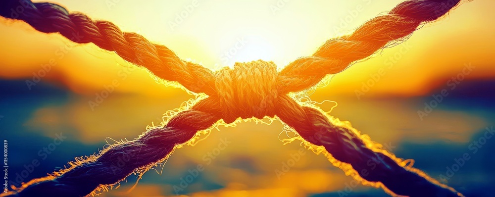 Poster close-up image of twisted rope with sunlight in background creating a beautiful sunset atmosphere ov