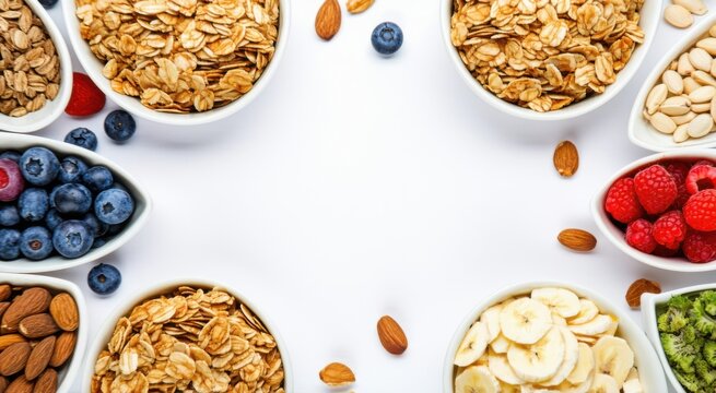 Many bowls of cereal, nuts, berries, kiwi, and other foods, space for text