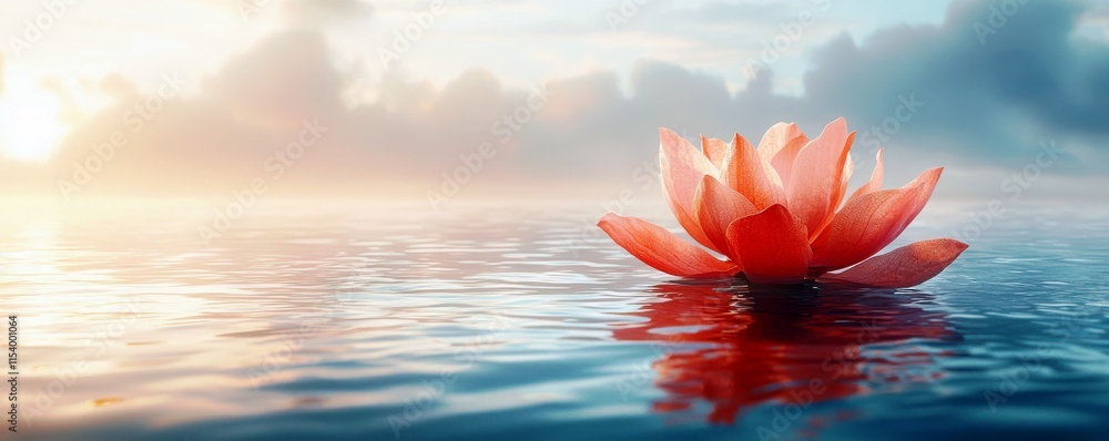 Poster serene pink lotus flower floating on calm water at sunrise with soft clouds in the background and ge