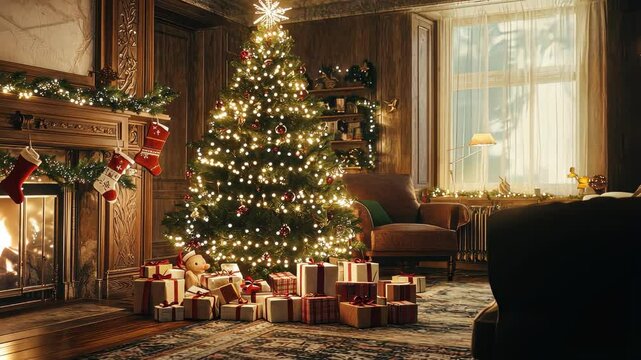Decorated Christmas tree in the room. Selective focus