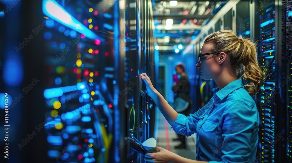 Poster a technician working in a server room, managing data and technology systems.