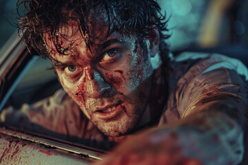 Obraz premium Generative AI illustration of damaged vehicle on city street caused high speed