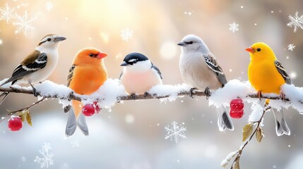 Fototapeta premium A winter wildlife scene featuring a group of birds perched on a snow-covered branch, with snowflakes gently falling around them.