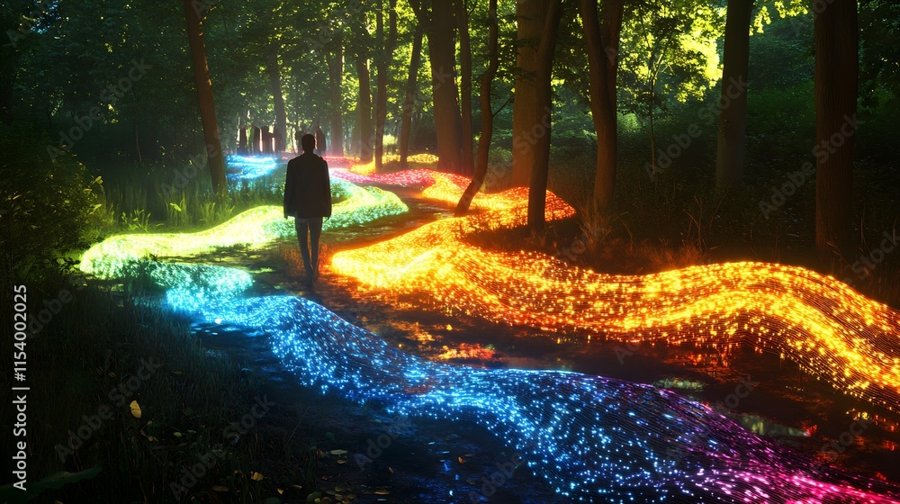 Aufkleber Dreamlike Journey Through a Forest Path with Colorful Glowing Lights and a Mysterious Figure Walking Amidst Nature's Enchantment and Serenity