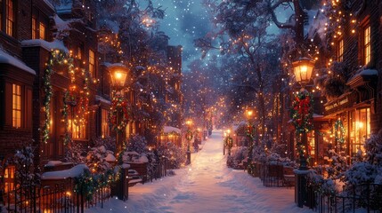 Enchanting winter street adorned with holiday lights