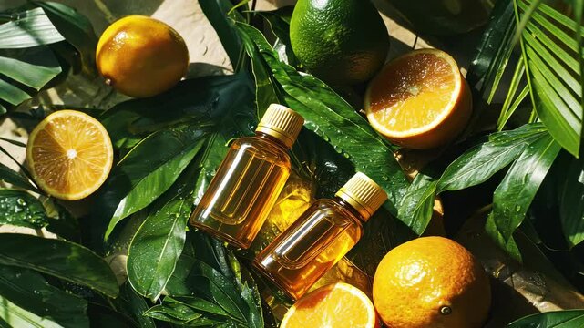 Jar with essential oil tropical citrus leaves. Selective focus