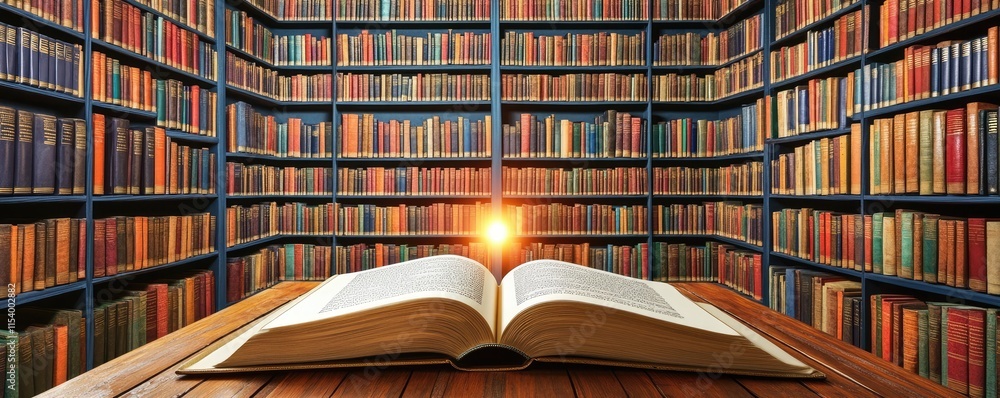 Poster an open book on a table with a library backdrop and sunlight illuminating the pages.