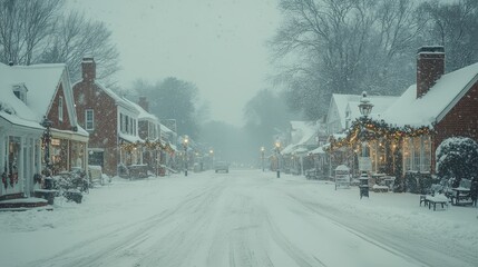 Snowy winter street adorned with festive lights