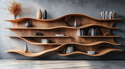 Modern wavy wooden shelving unit with books and decor against a grey wall.