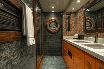 This kitchen features colorful tiles, shiny cabinets, and bold wallpaper for a vibrant vibe