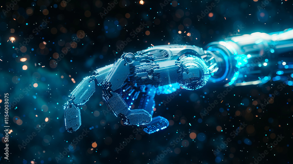Poster a futuristic humanoid robotic hand glowing in a cyber environment, symbolizing advanced artificial i