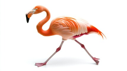 Obraz premium Pink flamingo walking on white background.
