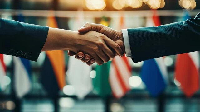 handshake on a background of flags close-up. Selective focus