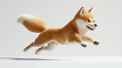 Playful Shiba Inu dog leaping in mid-air against a white background.