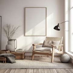 Minimalist Interior Design Featuring Natural Elements in a Cozy Living Room With Sunlight Streaming Through Large Windows