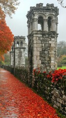 Fototapeta premium Ancient stone ruins stand gracefully within a garden, surrounded by vibrant autumn leaves creating a serene atmosphere