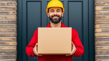 A smiling delivery worker stands in front of a door holding a brown cardboard box. He wears a bright yellow hard hat and a red uniform, ready to deliver packages efficiently.