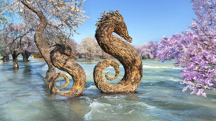 Sculptures made of wood, spring trees and cold river waters in Manavgat Waterfall