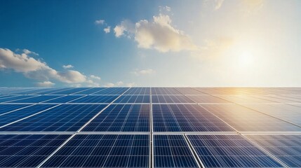 A solar panel field with a bright sun shining on it