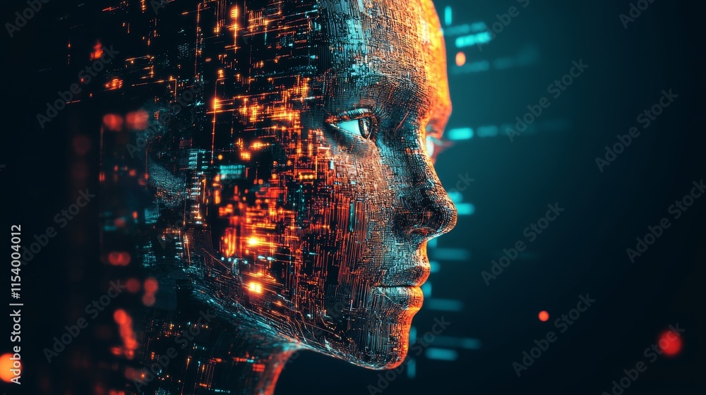Aufkleber exploring the fusion of human and digital elements in a futuristic portrait of a virtual being