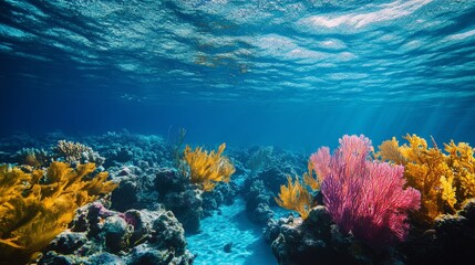 Naklejka premium Vibrant Underwater Landscape Showcasing Colorful Coral Reefs and Marine Life in a Serene Ocean Environment